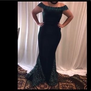 Emerald green off the shoulder dress.